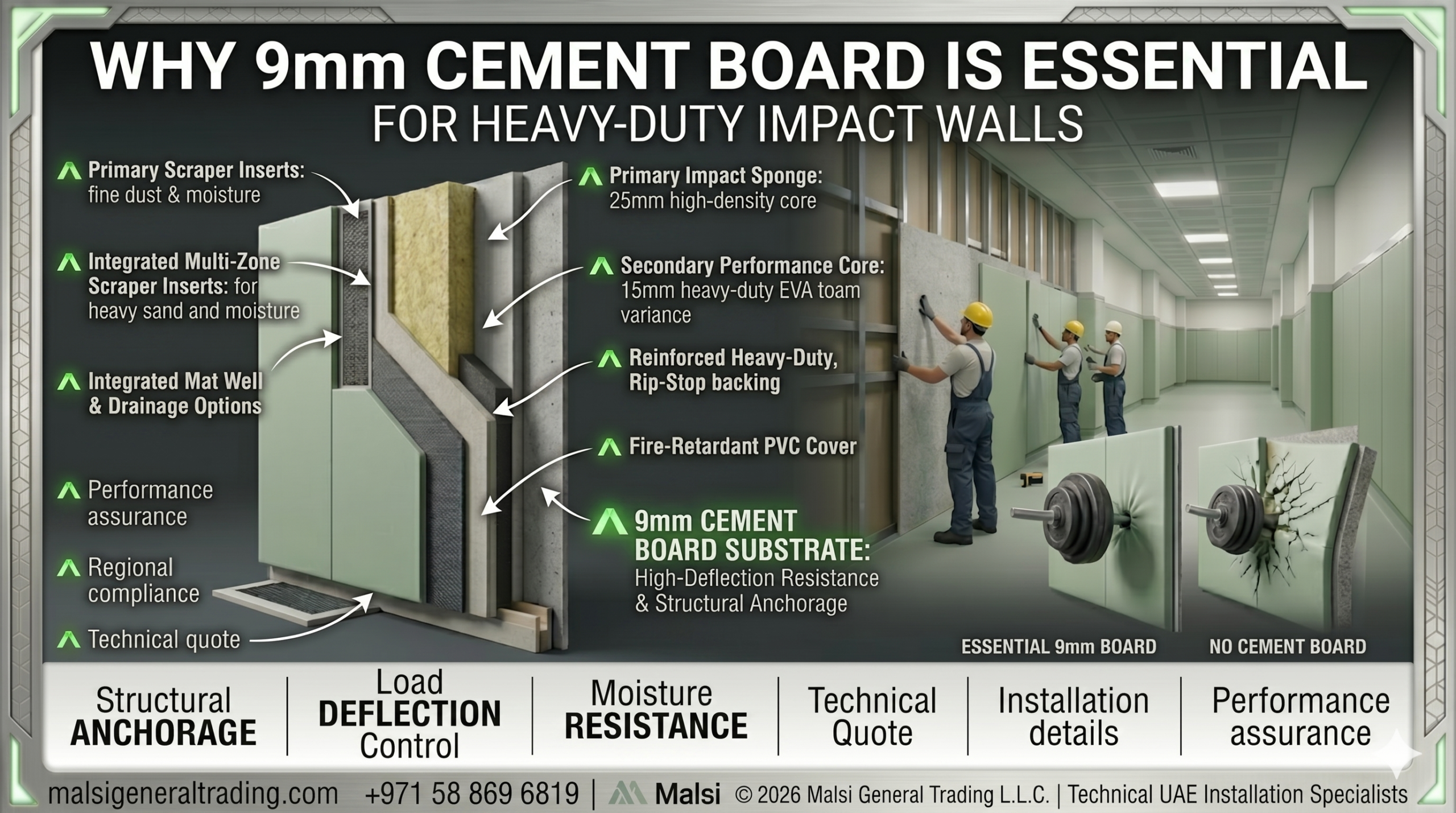 Technical engineering diagram by Malsi General Trading showing a 3D cross-section breakdown of a heavy-duty wall padding system with a 9mm cement board substrate, core foam, and fabric cover for architectural impact walls.